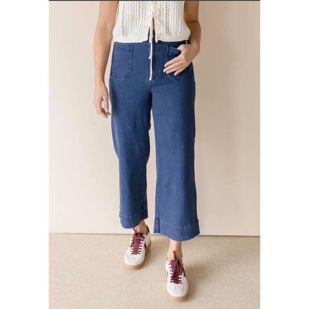 Velvet Heart Blue Wide Leg Cropped Pants Braided Pocket Trim Boho S NWOT